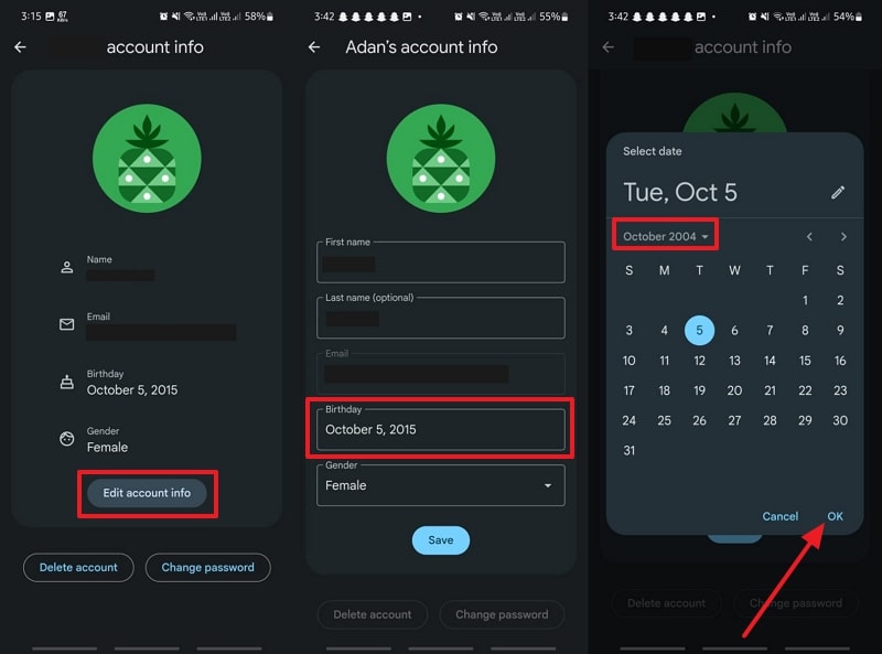 edit account info and change birthday